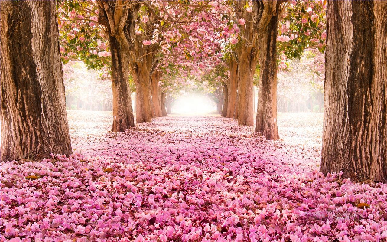 ピンクの花の道の木の風景画 写真からアートへ油絵
